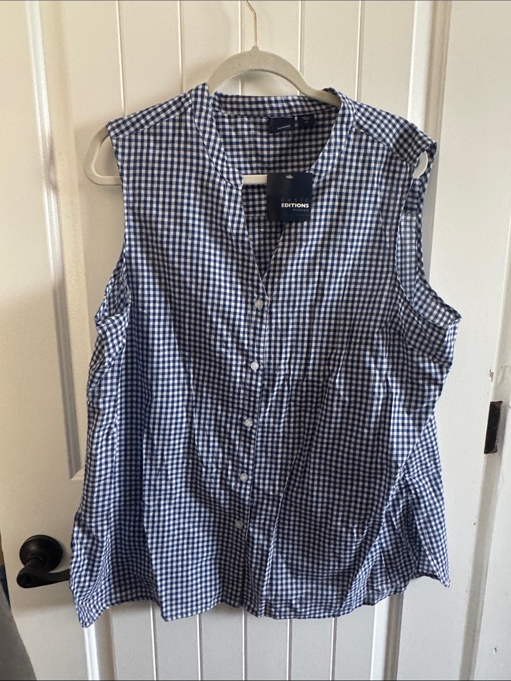 NWT Basic Editions Blue and White Gingham Button-Up Top